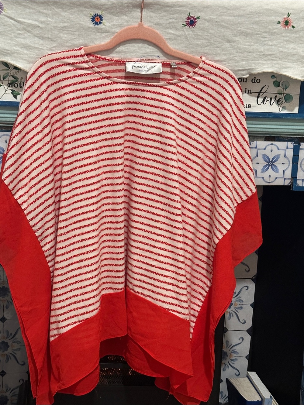 Patrizia Luca Red and White Striped Draped Poncho